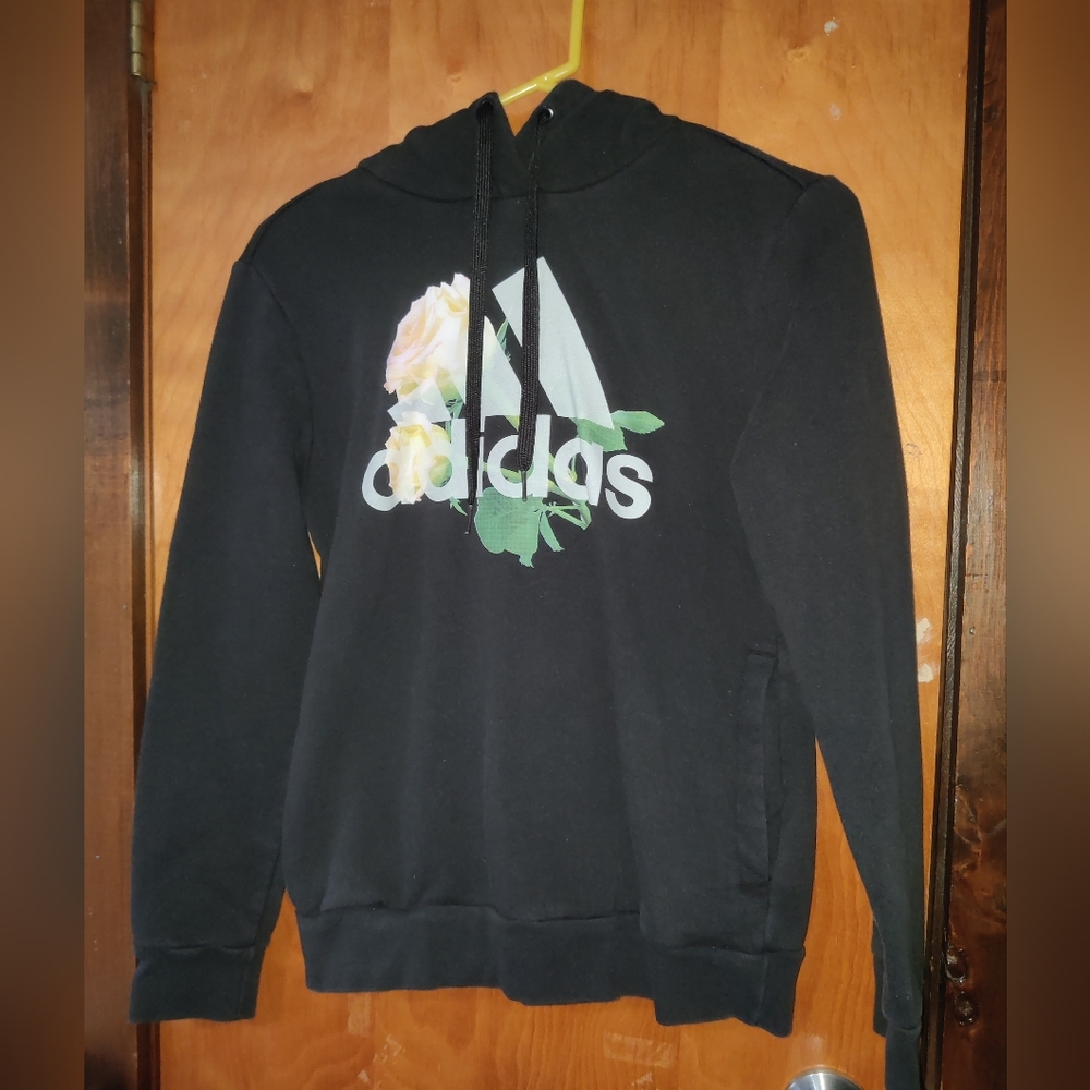 Adidas woman's small Black Floral Pull Over hooded Sweatshirt